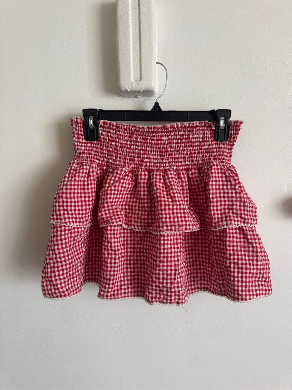 Red Gingham Tiered Mini Skirt with Smocked Waist